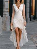 Sheer Sleeves Layered Pleated High-Low Maxi Dress