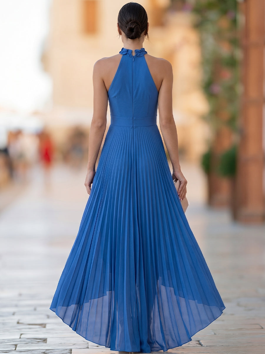 Pleated Chiffon Halter V-Neck High-Low Evening Dress