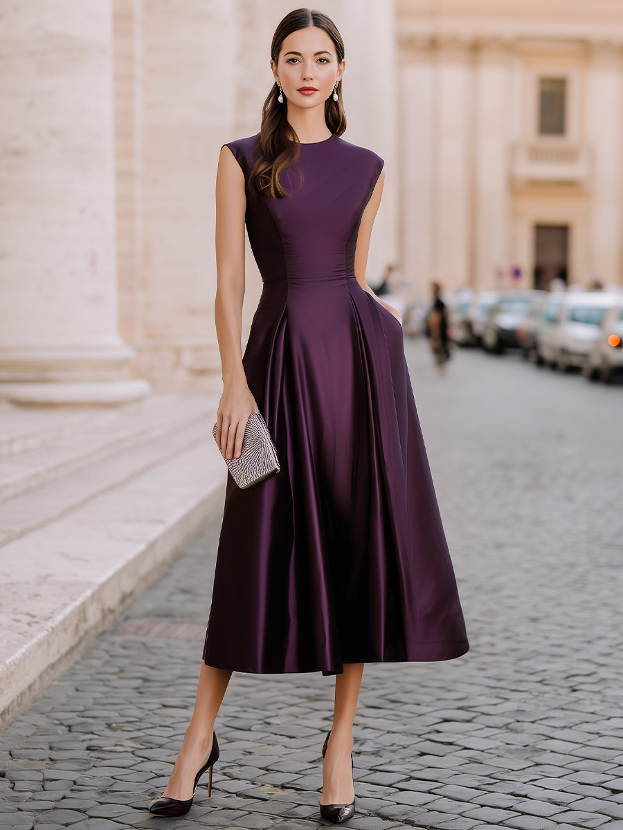Cap-Sleeve Fitted A-Line Midi Dress