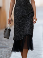 Sleeveless Tweed Midi Dress With Sheer Tulle Hem