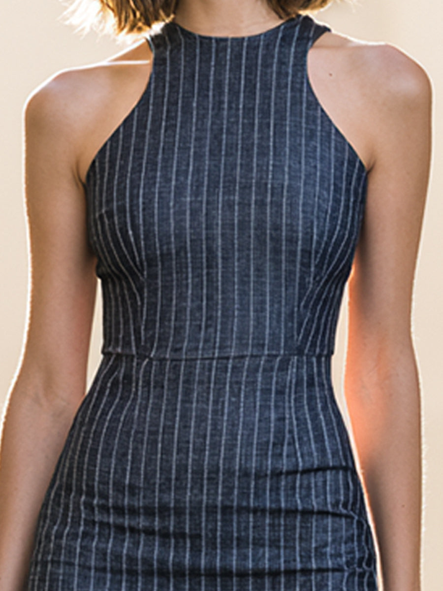 Pinstripe Halter Neck Sheath Midi Dress