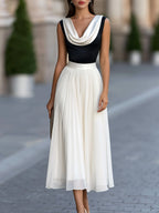 Color-Block Cowl Neck Pleated Midi Dress