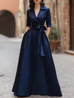 Lapel Collar Wrap Satin Maxi Dress With Side Tie