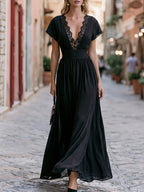 V-Neck Lace Trim Maxi Dress With Flutter Sleeves
