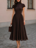 Mock Neck Short Sleeve Fit-and-Flare Midi Dress