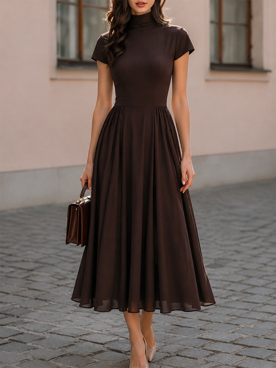Mock Neck Short Sleeve Fit-and-Flare Midi Dress