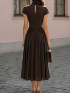 Mock Neck Short Sleeve Fit-and-Flare Midi Dress