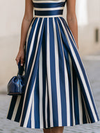 Striped Cowl Neck Midi Dress With Flared Skirt
