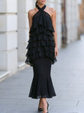 Halter-Neck Layered Ruffle Mermaid Maxi Dress