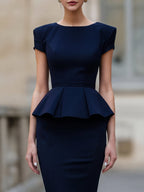 Structured Peplum Cap-Sleeve Pencil Midi Dress
