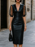Pearl-Embellished Mesh Puff Sleeve Faux Leather Midi Dress