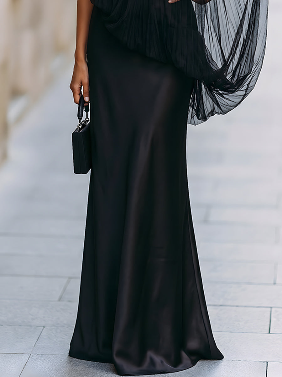 One-Shoulder Tulle Overlay Satin Mermaid Gown