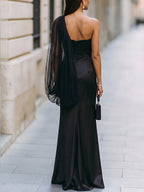 One-Shoulder Tulle Overlay Satin Mermaid Gown