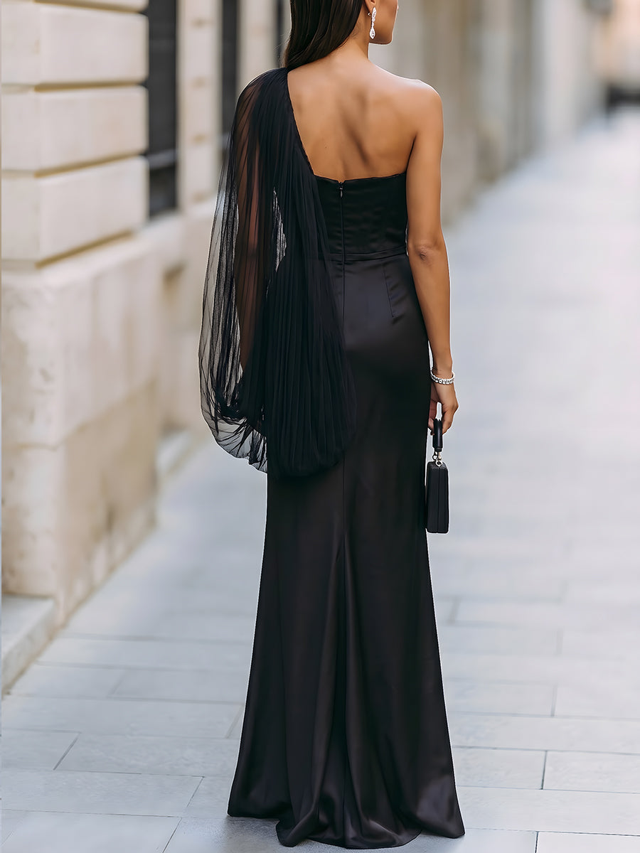 One-Shoulder Tulle Overlay Satin Mermaid Gown