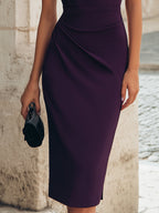 Ruched Waist Cowl Neck Lace Sleeve Pencil Midi Dress