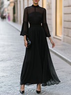 Elegant High-Neck Sheer Sleeve Chiffon Maxi Dress With Draped Waist