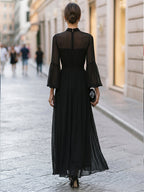 Elegant High-Neck Sheer Sleeve Chiffon Maxi Dress With Draped Waist