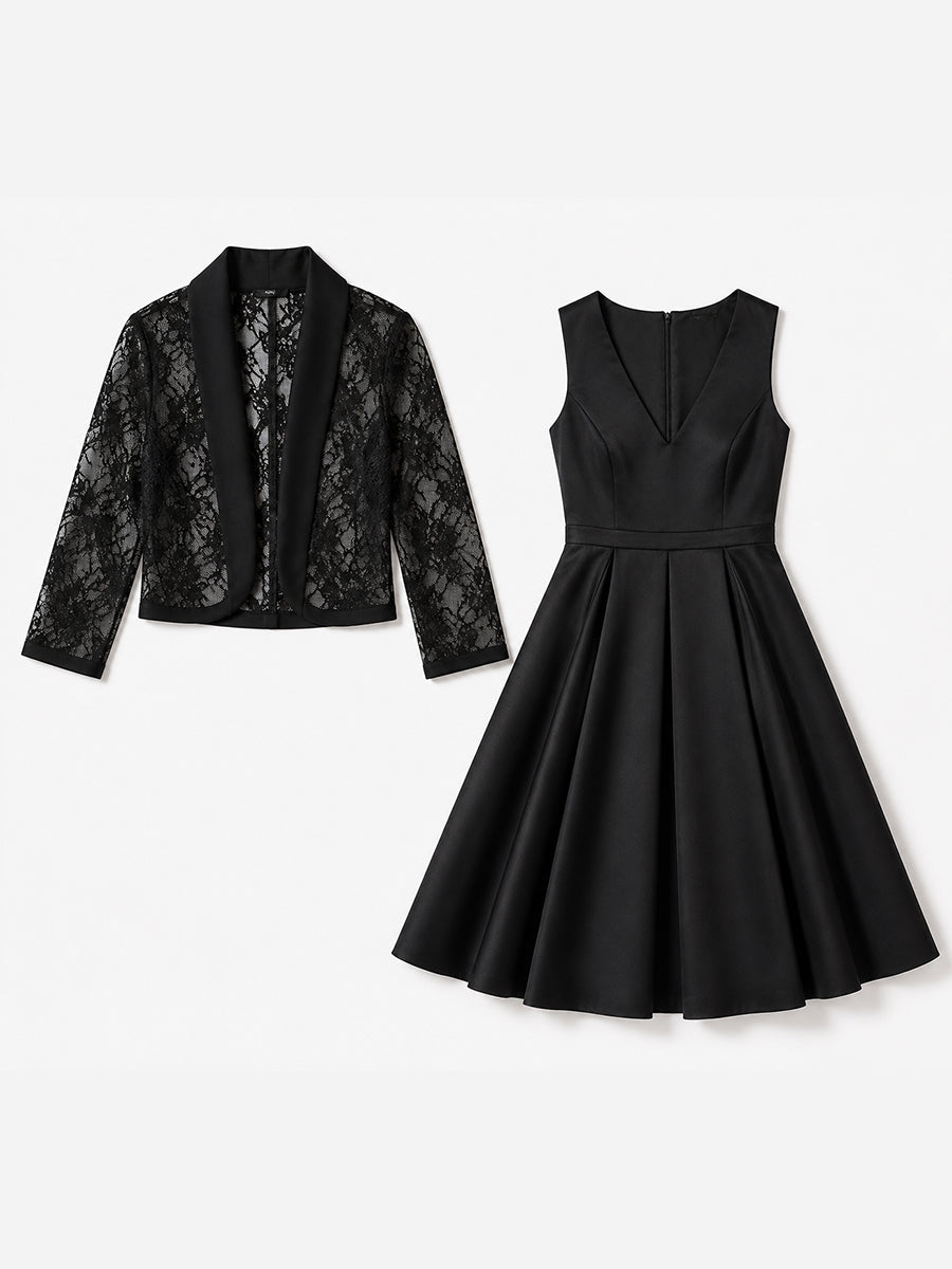 Satin V-Neck Midi Dress & Lace Sleeve Blazer Two-Piece Set