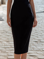 Asymmetric Two-Tone Off-Shoulder Pencil Midi Dress