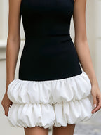Black And White Sleeveless Racerback Puff Bubble Hem Mini Dress