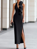 Elegant Halter Neck Ruffle Slit Maxi Dress