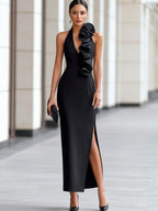 Elegant Halter Neck Ruffle Slit Maxi Dress