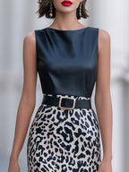 Belted Faux Leather Bodice Leopard Print Midi Dress