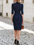 Navy White Polka Dot Lace Trim Puff Sleeve Bodycon Midi Dress