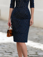 Navy White Polka Dot Lace Trim Puff Sleeve Bodycon Midi Dress