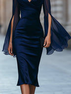 Satin V-Neck Sheath Dress With Sheer Chiffon Cape Sleeves