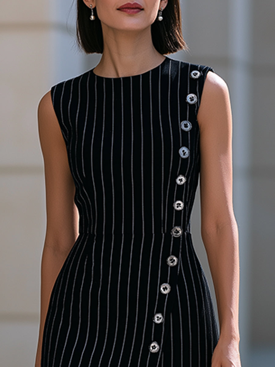 Black & White Pinstripe Sleeveless Button-Detail Midi Dress