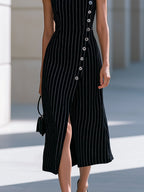Black & White Pinstripe Sleeveless Button-Detail Midi Dress