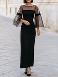 Elegant Sheer Bell Sleeve Column Maxi Dress