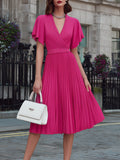 Surplice V-Neck Flutter-Sleeve Pleated Midi Dress
