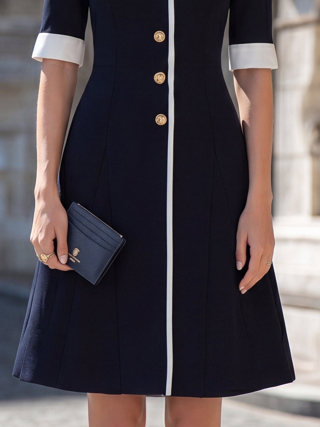 Contrast Trim Mandarin Collar Button-Down A-Line Midi Dress