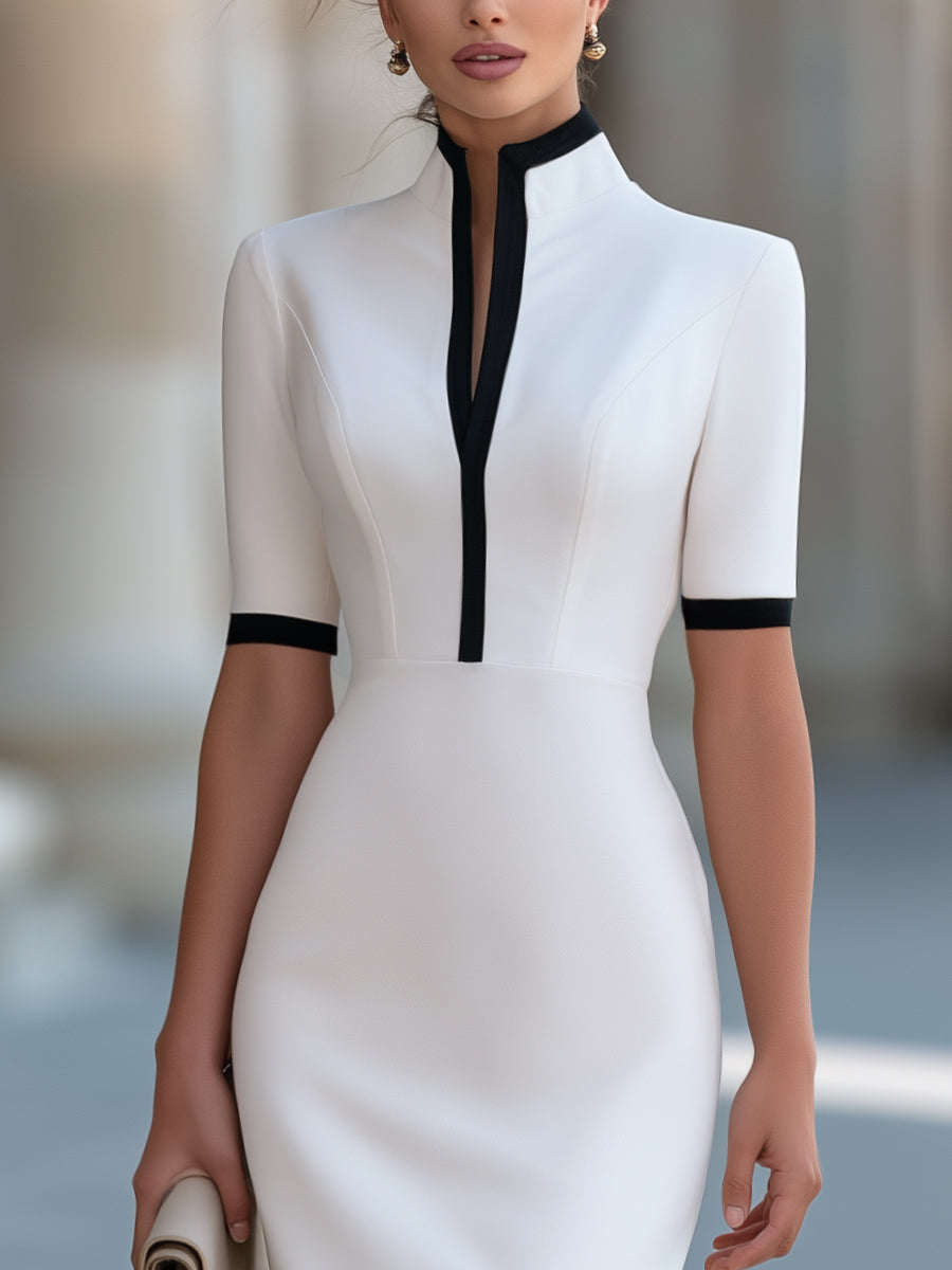 High-Collar Contrast Trim Sheath Midi Dress