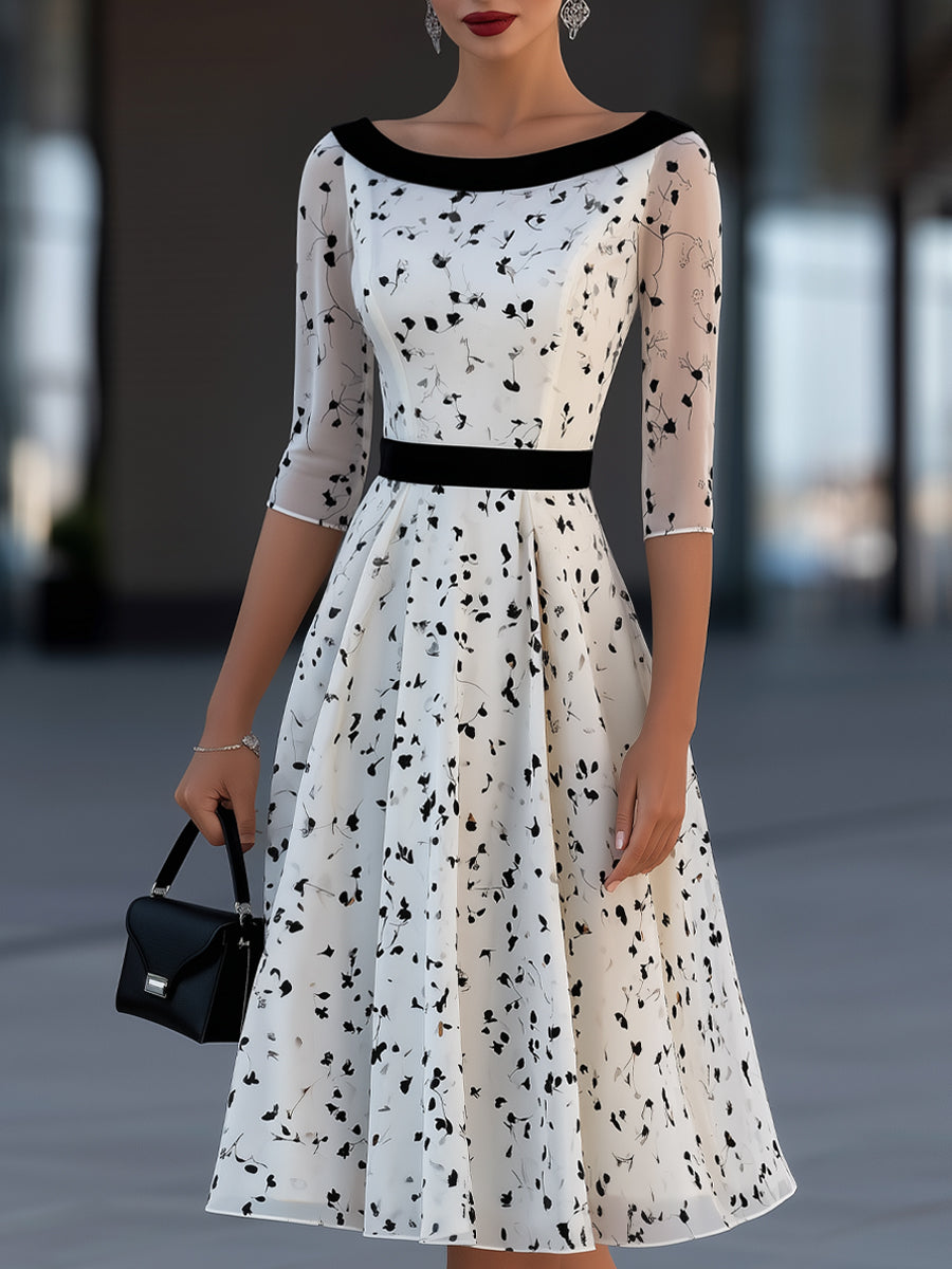 Contrast Waist Sheer Mesh Floral Print Midi Dress