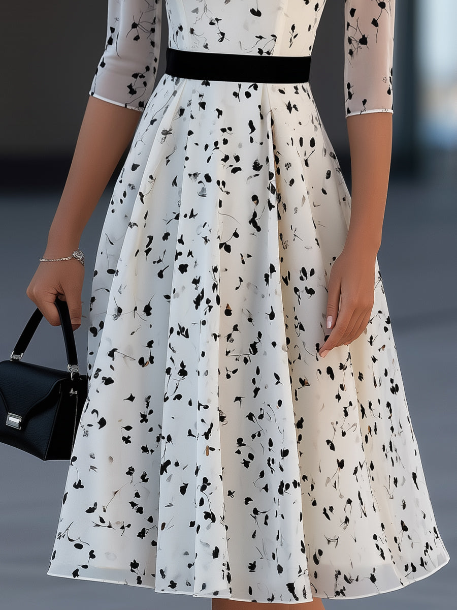 Contrast Waist Sheer Mesh Floral Print Midi Dress