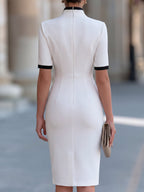 High-Collar Contrast Trim Sheath Midi Dress
