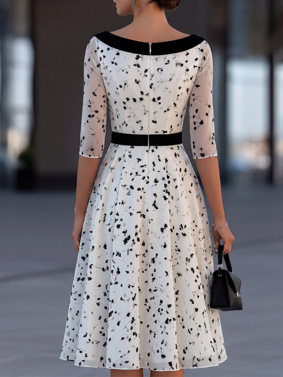 Contrast Waist Sheer Mesh Floral Print Midi Dress