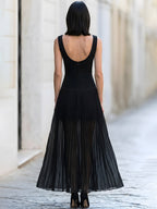 Sleeveless Boat Neck Pleated Tulle Maxi Dress