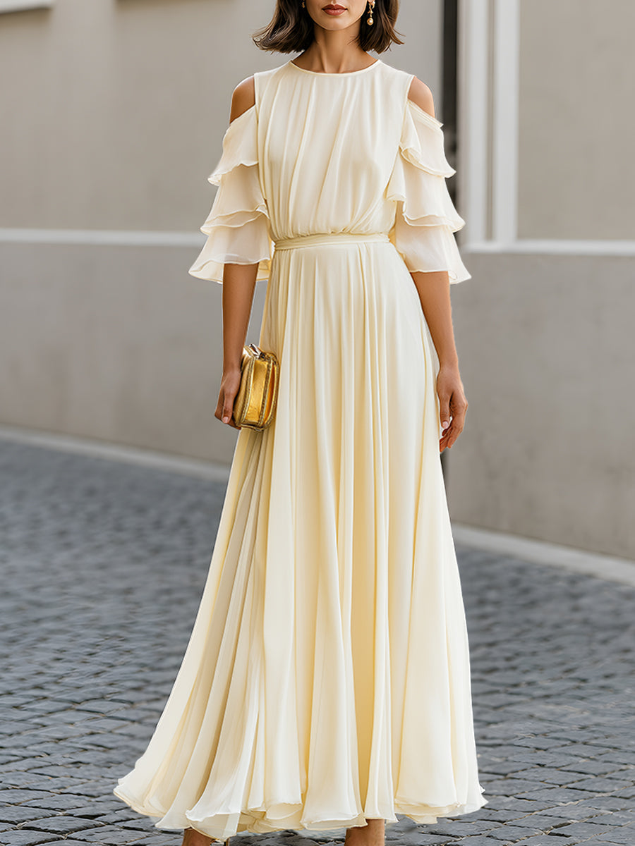 Cold Shoulder Layered Sleeve Chiffon Maxi Dress Flowing Pleats