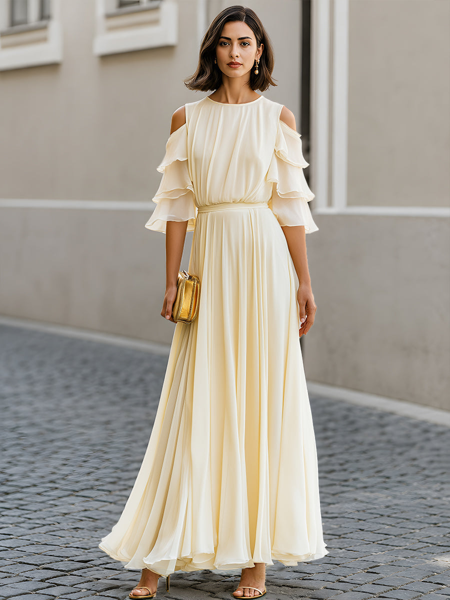 Cold Shoulder Layered Sleeve Chiffon Maxi Dress Flowing Pleats