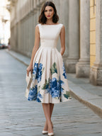 Elegant Boat Neck Sleeveless Floral Pleated Midi Dress