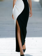 Color Block Sleeveless Boat Neck Slit Maxi Dress