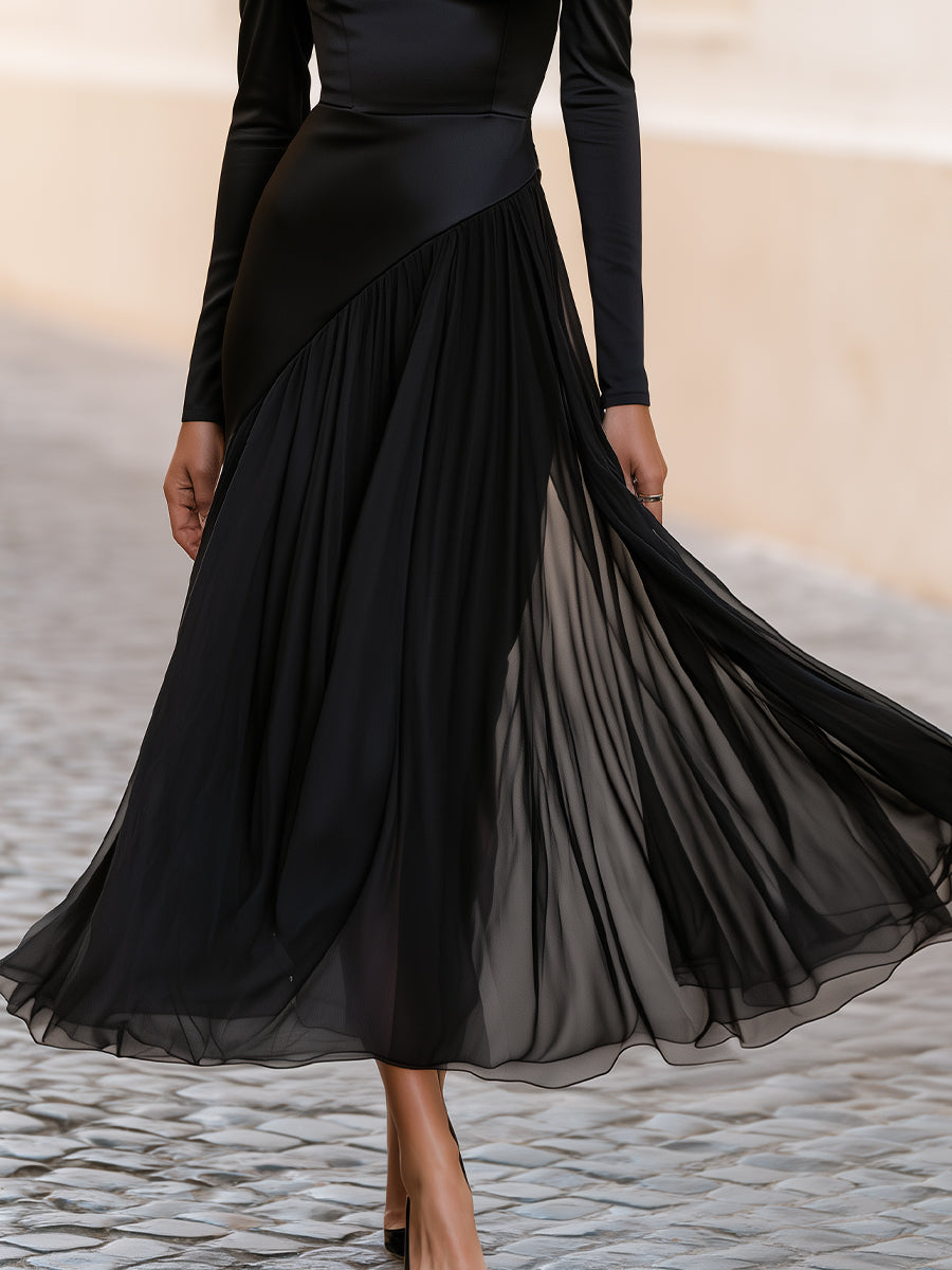 Off Shoulder Long Sleeve Satin Chiffon Maxi Dress