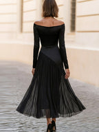 Off Shoulder Long Sleeve Satin Chiffon Maxi Dress