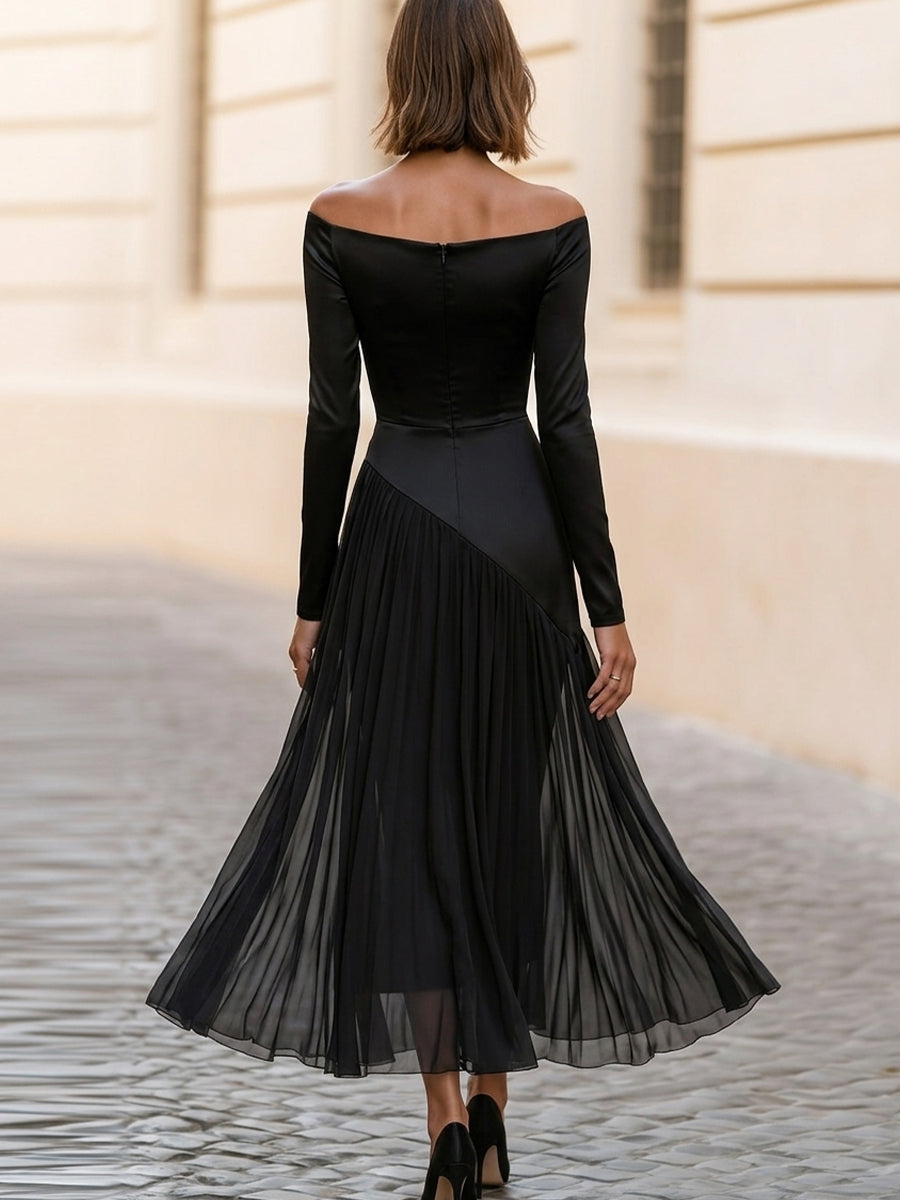 Off Shoulder Long Sleeve Satin Chiffon Maxi Dress