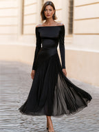 Off Shoulder Long Sleeve Satin Chiffon Maxi Dress