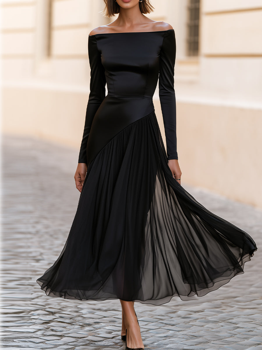 Off Shoulder Long Sleeve Satin Chiffon Maxi Dress